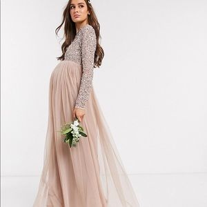Maya Maternity Asos Champagne Sequin & Tulle Maxi Bridesmaid Long Sleeve Dress 8